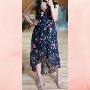 IZ Byer | Black Floral Print High-Low Dress